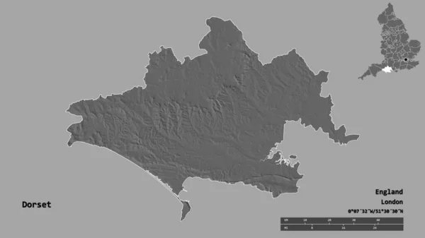 イングランドの行政郡ドーセットの形であり その首都はしっかりとした背景に孤立している 距離スケール リージョンプレビュー およびラベル 標高マップ 3Dレンダリング — ストック写真