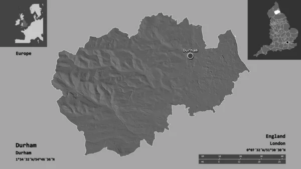 Shape of Durham, administrative county of England, and its capital. Distance scale, previews and labels. Bilevel elevation map. 3D rendering