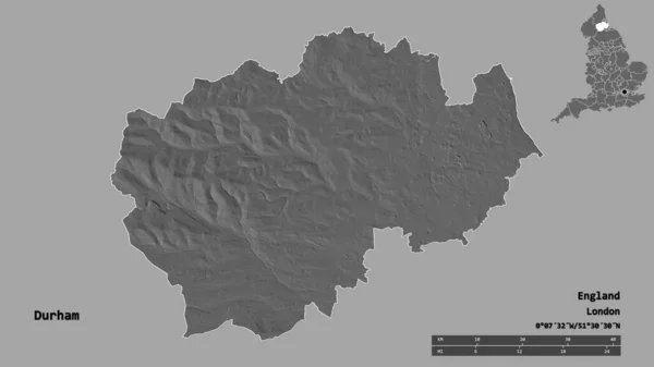 达勒姆的形状 英格兰的行政区划 它的首都以坚实的背景为基础 距离尺度 区域预览和标签 Bilevel高程图 3D渲染 — 图库照片