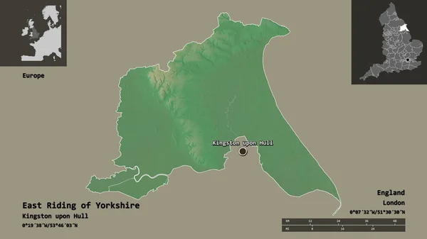 约克郡东骑的形状 英格兰的统一政权 以及它的首都 距离刻度 预览和标签 地形浮雕图 3D渲染 — 图库照片