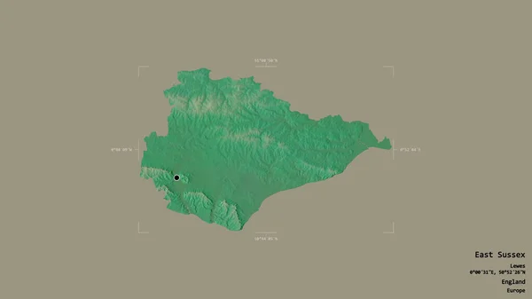 イングランドの行政郡であるイーストサセックスの地域は 洗練された境界の箱の中にしっかりとした背景に孤立していた ラベル 地形図 3Dレンダリング — ストック写真