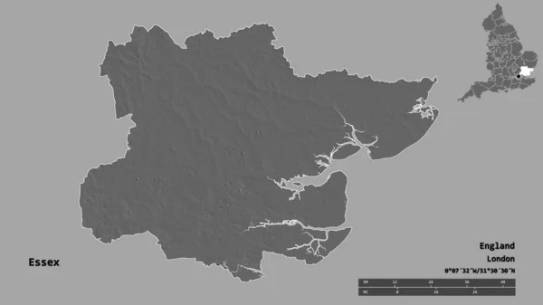 イングランドの行政郡エセックスの形で その首都はしっかりとした背景に隔離されている 距離スケール リージョンプレビュー およびラベル 標高マップ 3Dレンダリング — ストック写真