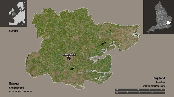 イングランドの行政郡エセックスとその首都の形 距離スケール プレビューおよびラベル 衛星画像 3Dレンダリング — ストック写真