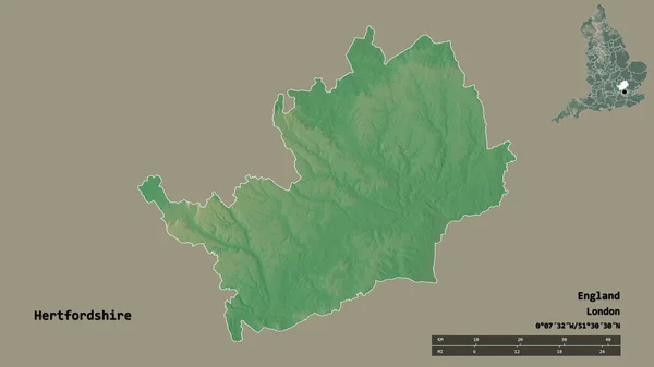 英格兰行政郡赫特福德郡的形状 它的首都背景坚实 与世隔绝 距离尺度 区域预览和标签 地形浮雕图 3D渲染 — 图库照片