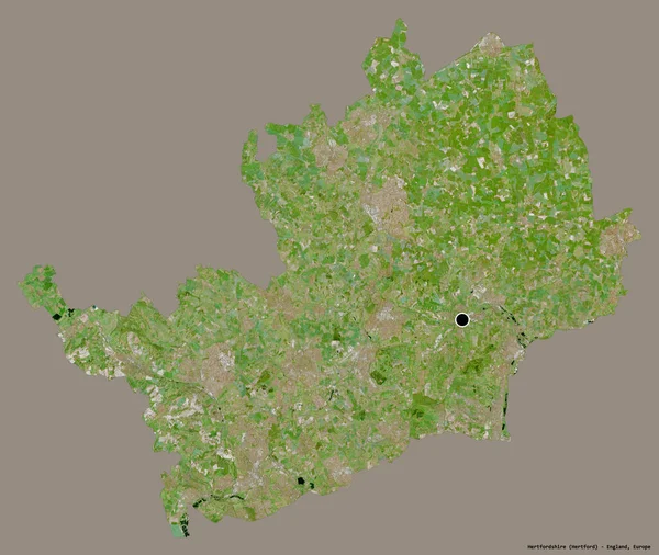 イギリスの行政郡ハートフォードシャーの形で その首都はしっかりとした色の背景に隔離されている 衛星画像 3Dレンダリング — ストック写真