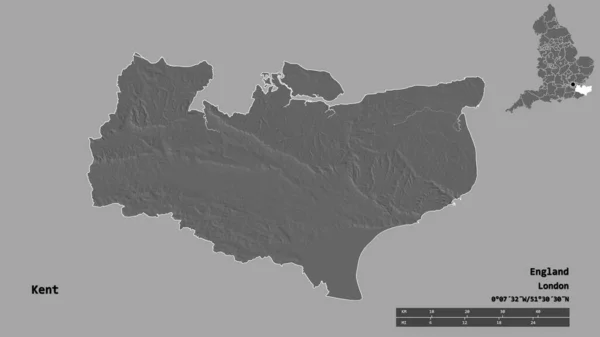 肯特郡的形状 英格兰的行政区划 它的首都孤立在坚实的背景下 距离尺度 区域预览和标签 Bilevel高程图 3D渲染 — 图库照片