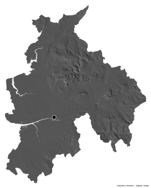 兰开夏郡的形状 英格兰的行政区划 其首都被白色背景隔离 Bilevel高程图 3D渲染 — 图库照片