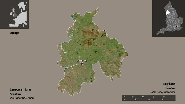 ランカシャーの形 イングランドの行政郡とその首都 距離スケール プレビューおよびラベル 衛星画像 3Dレンダリング — ストック写真