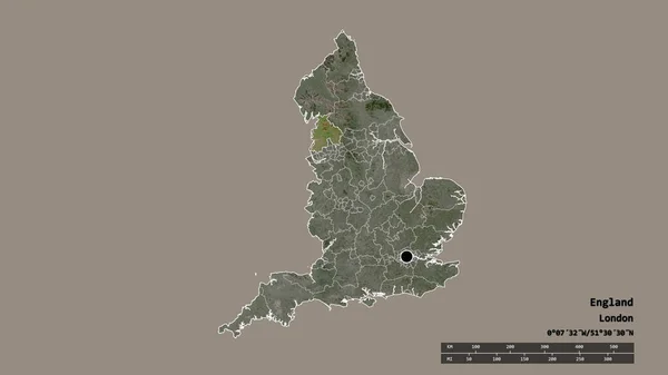 英格兰以其首都 主要的地区区划和分隔的兰开夏郡地区为首都的专制形态 卫星图像 3D渲染 — 图库照片