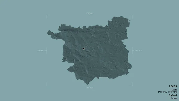 イングランドの行政郡リーズの地域は 洗練された境界の箱の中にしっかりとした背景に孤立していた ラベル 色の標高マップ 3Dレンダリング — ストック写真