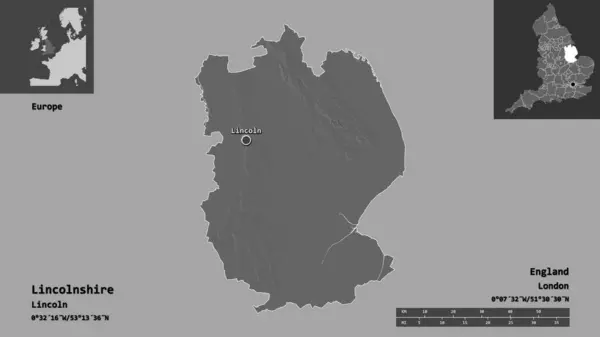 Formen Lincolnshire Englands Administrativa Län Och Dess Huvudstad Avståndsskala Förhandsvisningar — Stockfoto