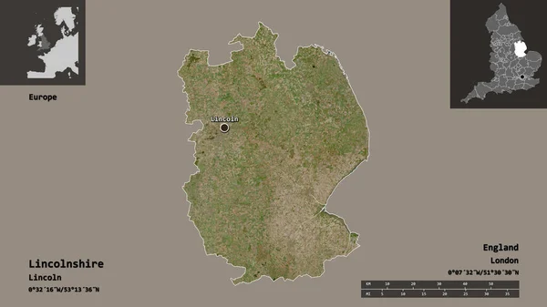 英格兰行政区划林肯郡的形状及其首府 距离刻度 预览和标签 卫星图像 3D渲染 — 图库照片