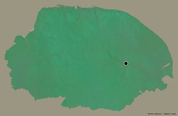 イングランドの行政郡ノーフォークの形で その首都はしっかりとした色の背景に隔離されている 地形図 3Dレンダリング — ストック写真