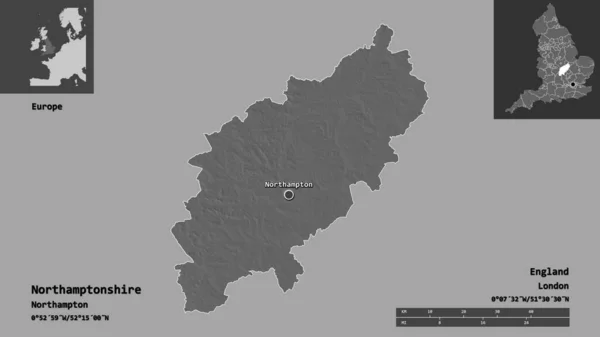 Tvar Northamptonshire Správní Hrabství Anglie Jeho Hlavní Město Měřítko Vzdálenosti — Stock fotografie