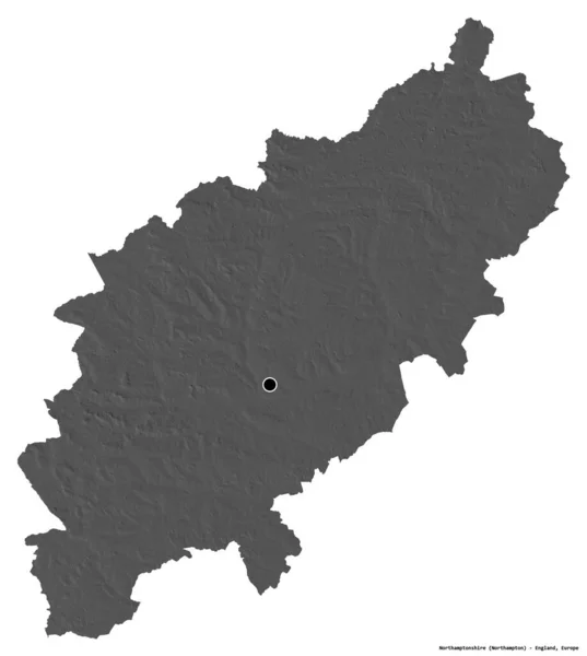 英格兰行政县北安普敦郡的形状 其首府因白人背景而孤立 Bilevel高程图 3D渲染 — 图库照片
