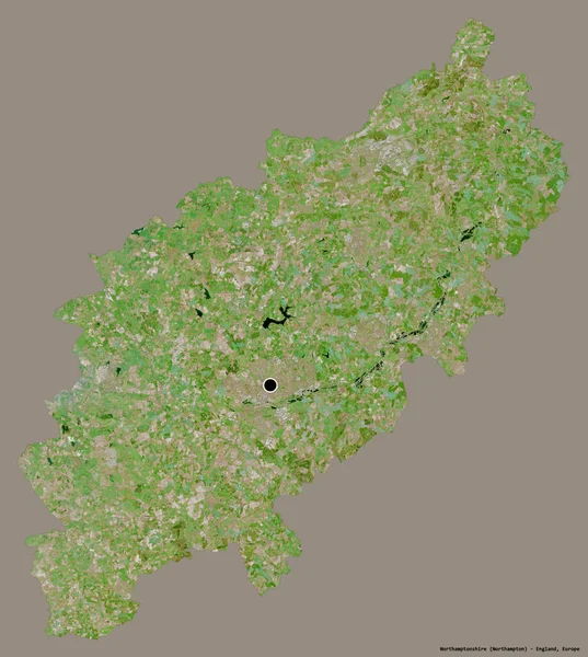 イングランドの行政郡ノーサンプトンシャーの形で その首都はしっかりとした色の背景に隔離されている 衛星画像 3Dレンダリング — ストック写真