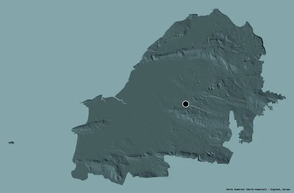 イギリスの統一的権威であるノースサマセット州の形で その首都はしっかりとした色の背景に隔離されています 色の標高マップ 3Dレンダリング — ストック写真