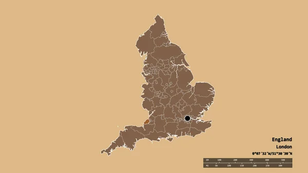 英格兰以其首都 主要的地区区划和分离的北萨默塞特地区为首都的绝望的形状 图形纹理的组成 3D渲染 — 图库照片