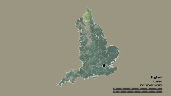 主要な地域部門と分離したノーサンバーランド地域とイングランドの荒廃した形 ラベル 地形図 3Dレンダリング — ストック写真