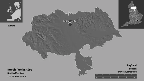 北约克郡的形状 英格兰的行政区划 以及它的首府 距离刻度 预览和标签 Bilevel高程图 3D渲染 — 图库照片