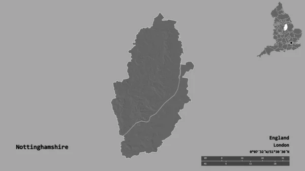 イングランドの行政郡ノッティンガムシャーの形であり その首都はしっかりとした背景に孤立している 距離スケール リージョンプレビュー およびラベル 標高マップ 3Dレンダリング — ストック写真