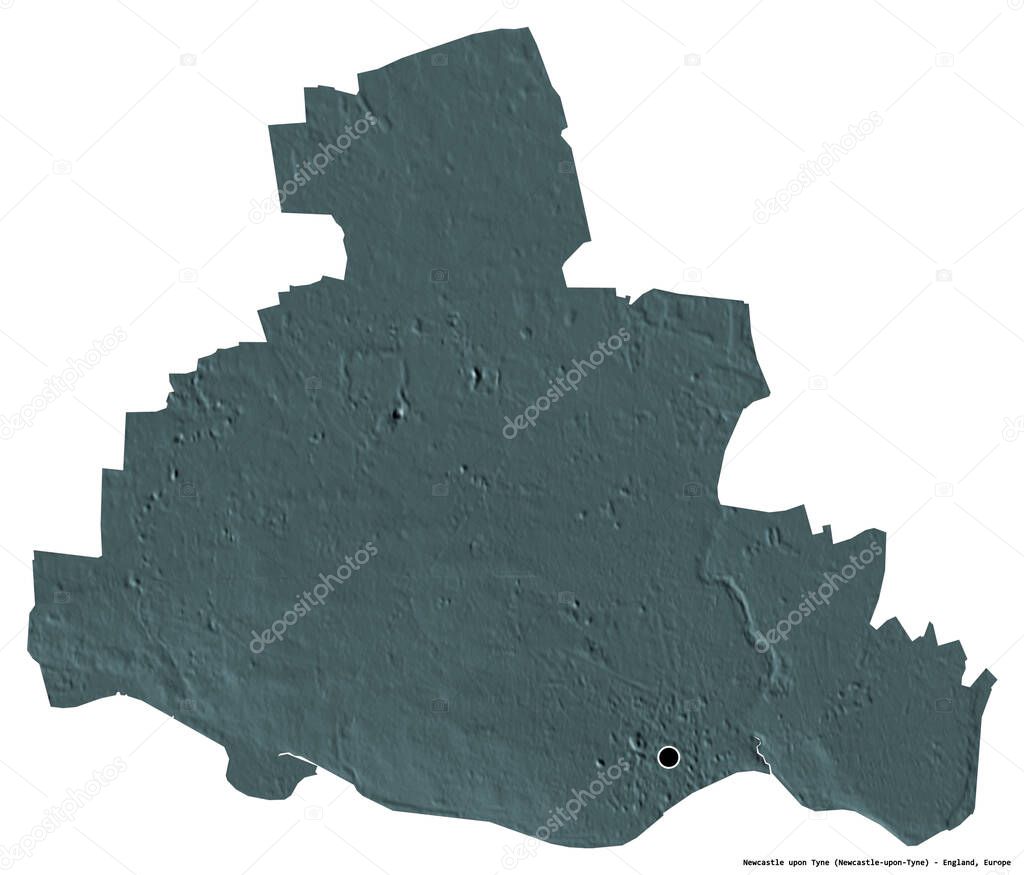Shape of Newcastle upon Tyne, administrative county of England, with its capital isolated on white background. Colored elevation map. 3D rendering