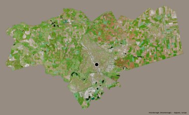 Peterborough 'un şekli, İngiltere' nin üniter otoritesi, sermayesi katı renk arka planında izole edilmiş. Uydu görüntüleri. 3B görüntüleme