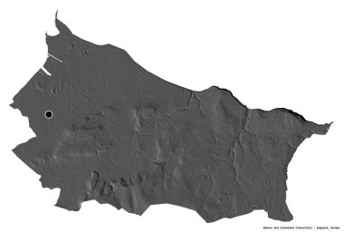 İngiltere 'nin üniter otoritesi Redcar ve Cleveland' ın şekli, başkenti beyaz arka planda izole edilmiş. Çift seviyeli yükseklik haritası. 3B görüntüleme