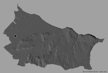 Redcar ve Cleveland 'ın şekli, İngiltere' nin üniter otoritesi, başkenti sağlam bir renk arka planına izole edilmiş. Çift seviyeli yükseklik haritası. 3B görüntüleme