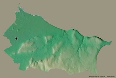 Redcar ve Cleveland 'ın şekli, İngiltere' nin üniter otoritesi, başkenti sağlam bir renk arka planına izole edilmiş. Topografik yardım haritası. 3B görüntüleme