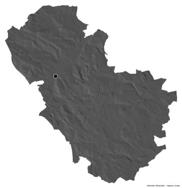 İngiltere 'nin idari ilçesi Rotherham' ın beyaz arka planda bulunan başkenti. Çift seviyeli yükseklik haritası. 3B görüntüleme