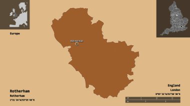 Rotherham 'ın şekli, İngiltere idari kontluğu ve başkenti. Uzaklık ölçeği, ön gösterimler ve etiketler. Desenli dokuların bileşimi. 3B görüntüleme