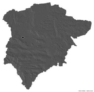 Rutland 'ın şekli, İngiltere' nin üniter otoritesi, başkenti beyaz arka planda izole edilmiş. Çift seviyeli yükseklik haritası. 3B görüntüleme