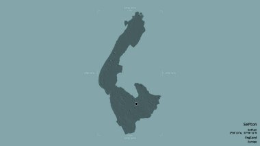Sefton bölgesi, İngiltere idari bölgesi, sağlam bir arka planda izole edilmiş bir sınır kutusunda. Etiketler. Renkli yükseklik haritası. 3B görüntüleme