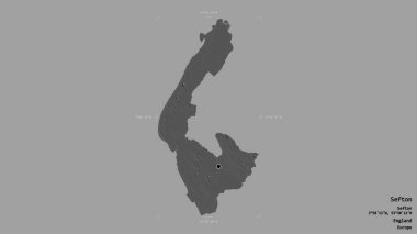 Sefton bölgesi, İngiltere idari bölgesi, sağlam bir arka planda izole edilmiş bir sınır kutusunda. Etiketler. Çift seviyeli yükseklik haritası. 3B görüntüleme