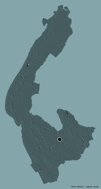 Sefton 'un şekli, İngiltere' nin idari ilçesi, başkenti katı renk arka planında izole edilmiş. Renkli yükseklik haritası. 3B görüntüleme