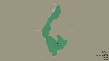 Sefton bölgesi, İngiltere idari bölgesi, sağlam bir arka planda izole edilmiş bir sınır kutusunda. Etiketler. Topografik yardım haritası. 3B görüntüleme