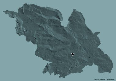 Sheffield 'in şekli, İngiltere' nin idari ilçesi, başkenti katı renk arka planında izole edilmiş. Renkli yükseklik haritası. 3B görüntüleme