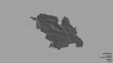 Sheffield bölgesi, İngiltere idari bölgesi, sağlam bir arka planda izole edilmiş bir sınır kutusunda. Etiketler. Çift seviyeli yükseklik haritası. 3B görüntüleme