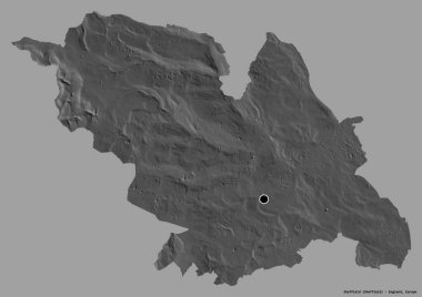Sheffield 'in şekli, İngiltere' nin idari ilçesi, başkenti katı renk arka planında izole edilmiş. Çift seviyeli yükseklik haritası. 3B görüntüleme