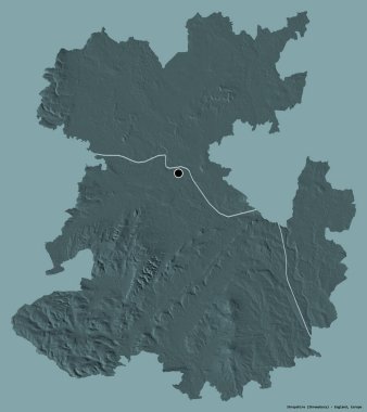 Shropshire 'ın şekli, İngiltere' nin idari ilçesi, başkenti katı bir renk arkaplanı ile izole edilmiş. Renkli yükseklik haritası. 3B görüntüleme