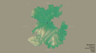 Shropshire bölgesi, İngiltere 'nin idari bölgesi, sağlam bir arka planda izole edilmiş bir sınır kutusunda. Etiketler. Topografik yardım haritası. 3B görüntüleme