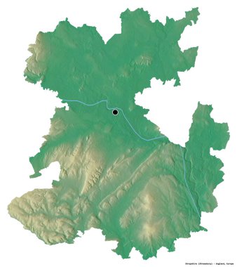 Shropshire, İngiltere 'nin idari ilçesi, başkenti beyaz arka planda izole edilmiş. Topografik yardım haritası. 3B görüntüleme