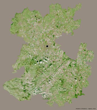 Shropshire 'ın şekli, İngiltere' nin idari ilçesi, başkenti katı bir renk arkaplanı ile izole edilmiş. Uydu görüntüleri. 3B görüntüleme