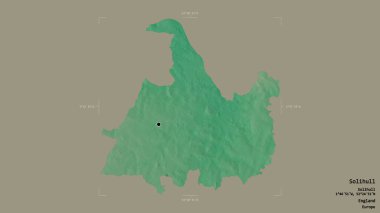 Solihull bölgesi, İngiltere 'nin üniter otoritesi, sağlam bir arka planda izole edilmiş bir sınır kutusunda. Etiketler. Topografik yardım haritası. 3B görüntüleme
