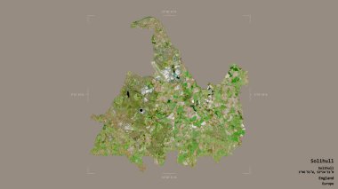 Solihull bölgesi, İngiltere 'nin üniter otoritesi, sağlam bir arka planda izole edilmiş bir sınır kutusunda. Etiketler. Uydu görüntüleri. 3B görüntüleme