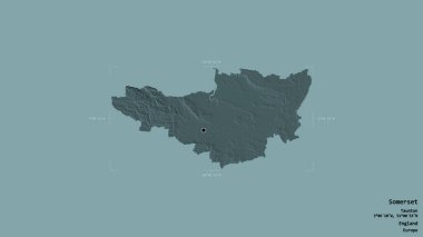 Somerset bölgesi, İngiltere idari bölgesi, sağlam bir arka planda izole edilmiş bir sınır kutusunda. Etiketler. Renkli yükseklik haritası. 3B görüntüleme