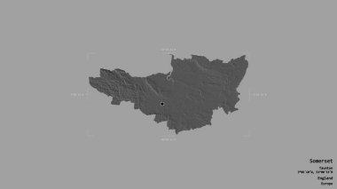 Somerset bölgesi, İngiltere idari bölgesi, sağlam bir arka planda izole edilmiş bir sınır kutusunda. Etiketler. Çift seviyeli yükseklik haritası. 3B görüntüleme