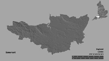 Somerset 'in şekli, İngiltere' nin idari ilçesi, başkenti sağlam arka planda izole edilmiş. Uzaklık ölçeği, bölge önizlemesi ve etiketleri. Çift seviyeli yükseklik haritası. 3B görüntüleme
