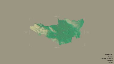 Somerset bölgesi, İngiltere idari bölgesi, sağlam bir arka planda izole edilmiş bir sınır kutusunda. Etiketler. Topografik yardım haritası. 3B görüntüleme